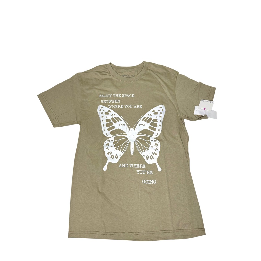 Rebellious One Butterfly Graphic Quote T-Shirt Olive Green‎ Cotton Small NWT